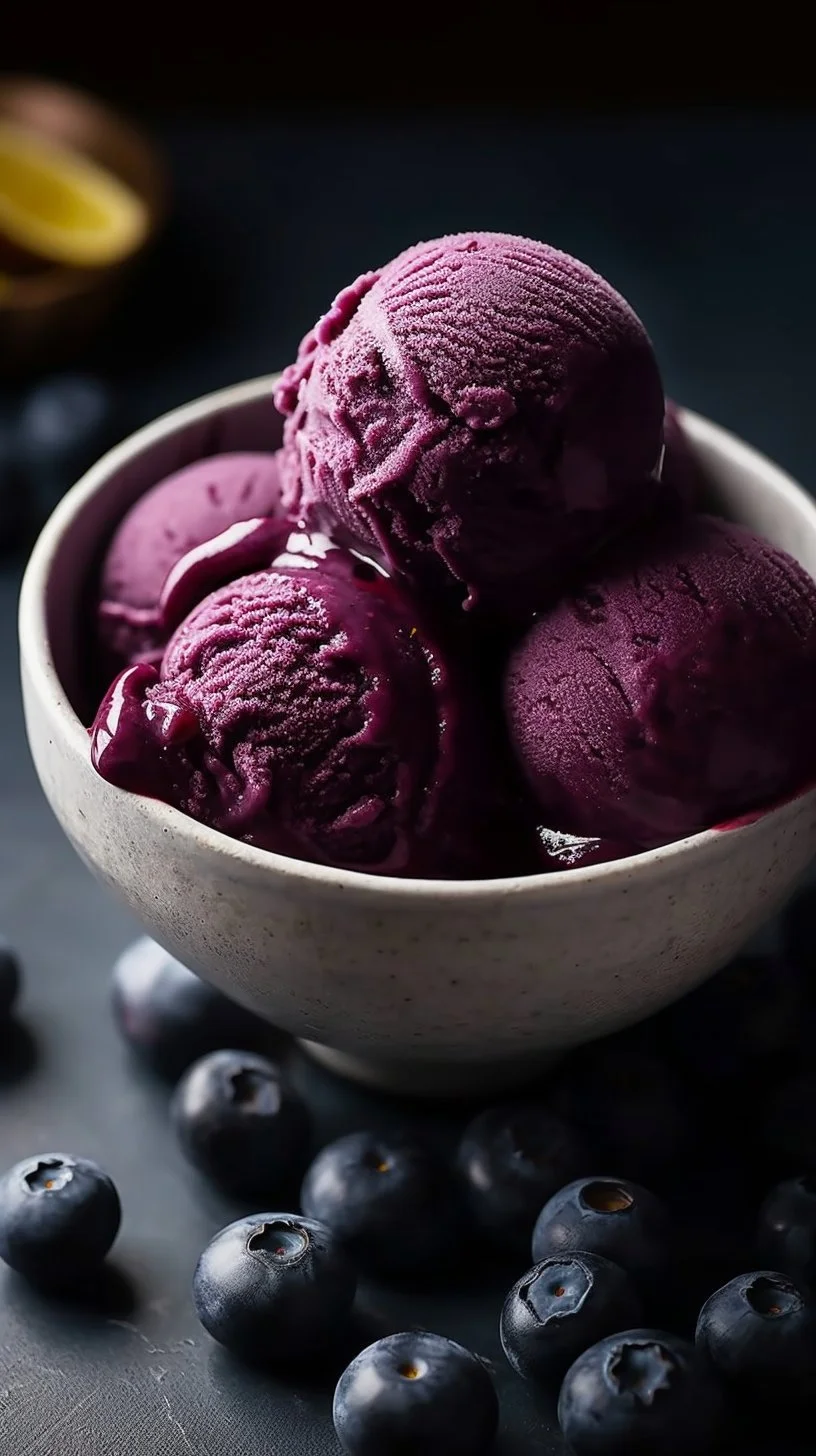 No churn blueberry lemon sorbet in a bowl garnished with fresh blueberries