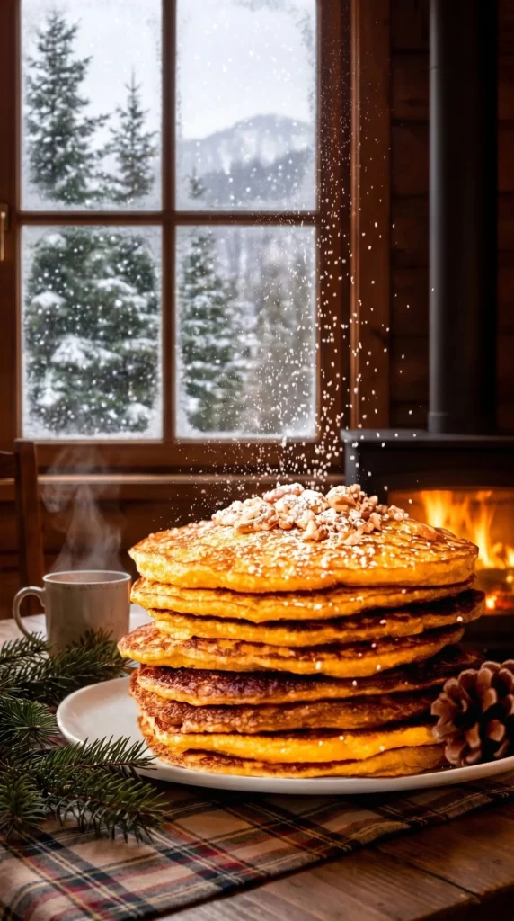 Oatmeal pumpkin protein pancakes topped with cottage cheese and syrup