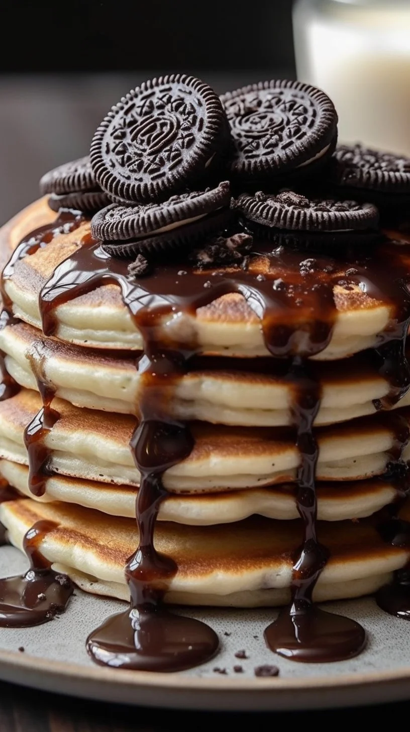Delicious Oreo pancakes drizzled with cream cheese icing on a plate