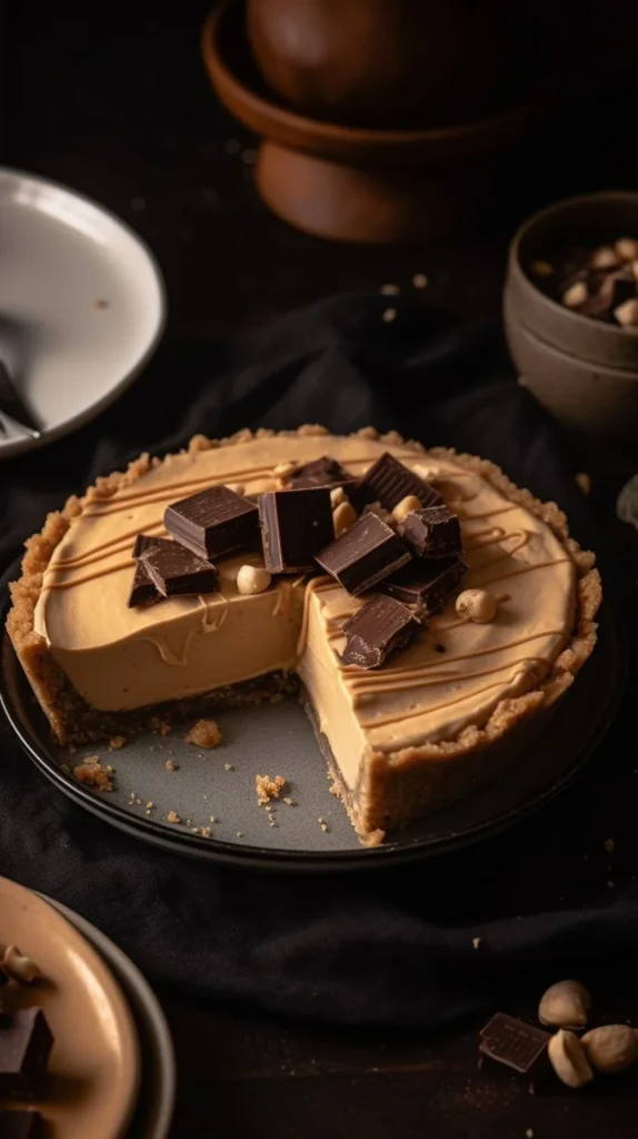 No bake Peanut Butter Mousse Pie topped with chocolate shavings and peanut butter drizzle.
