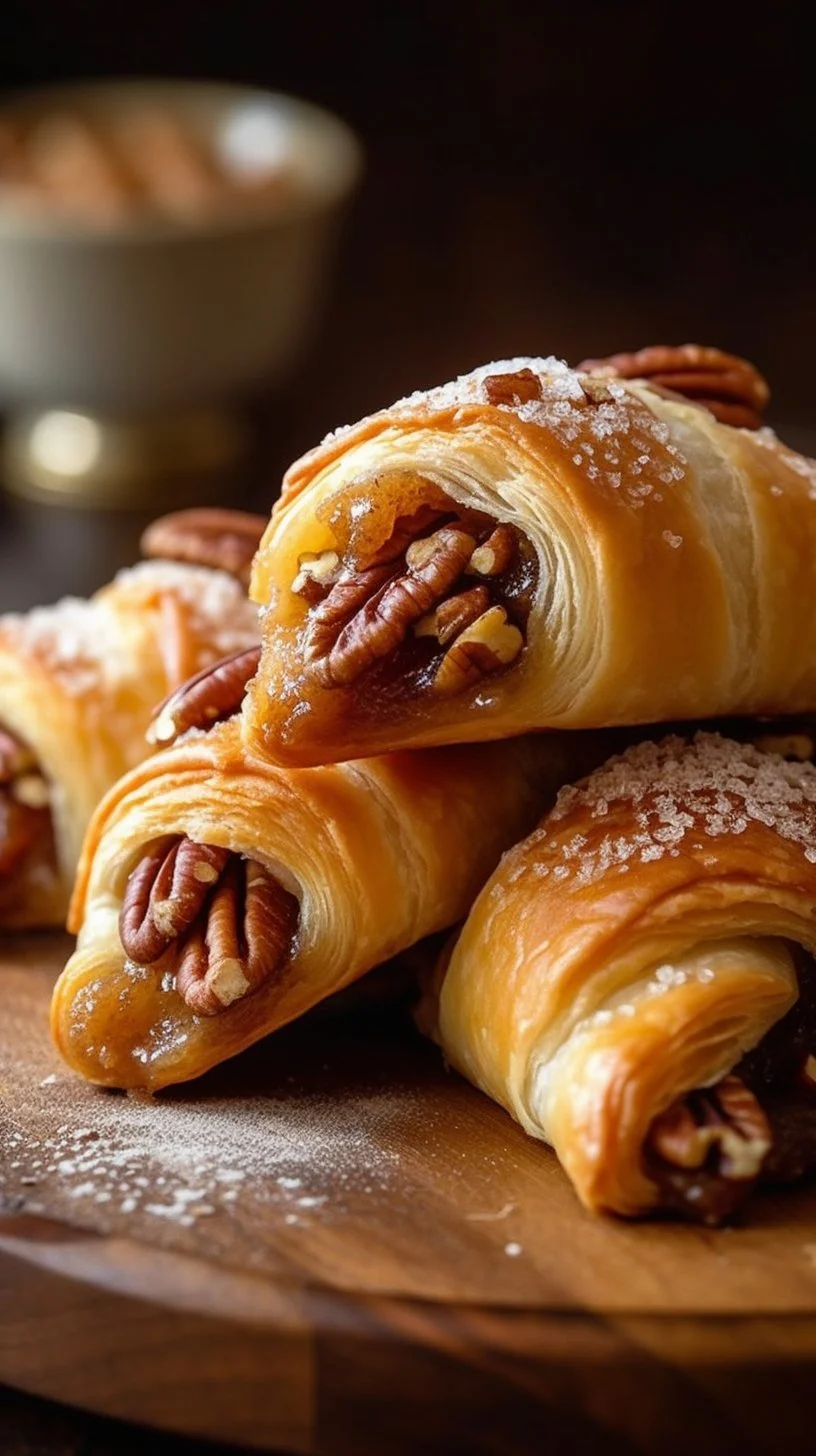 Pecan Pie Crescents on a decorative plate ready to be enjoyed.