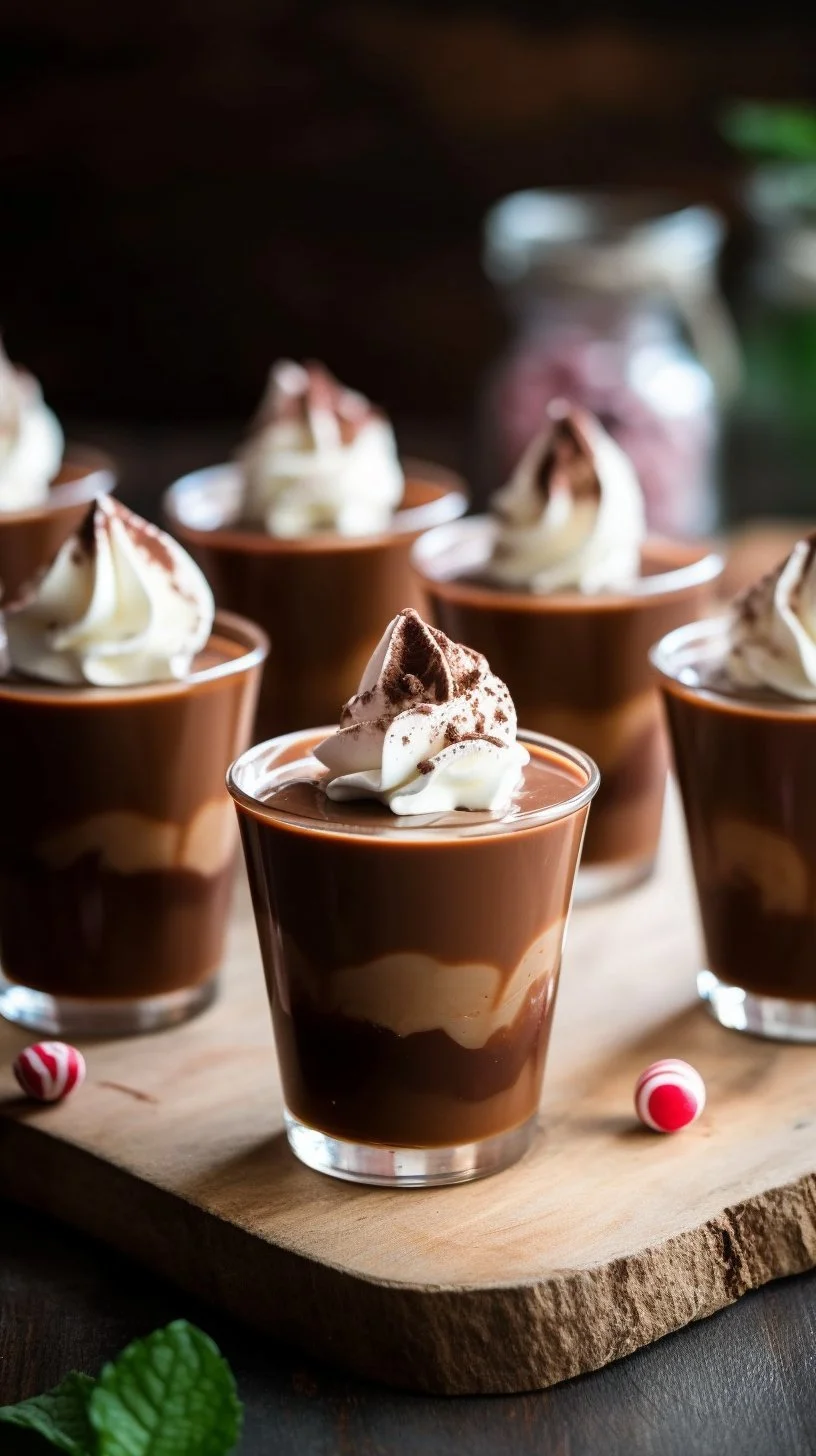 Peppermint Espresso Martini Pudding Shots served in stylish shot glasses