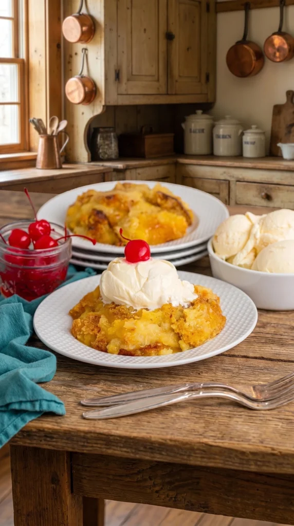 Delicious Pineapple Dump Cake served on a plate with pineapple chunks.