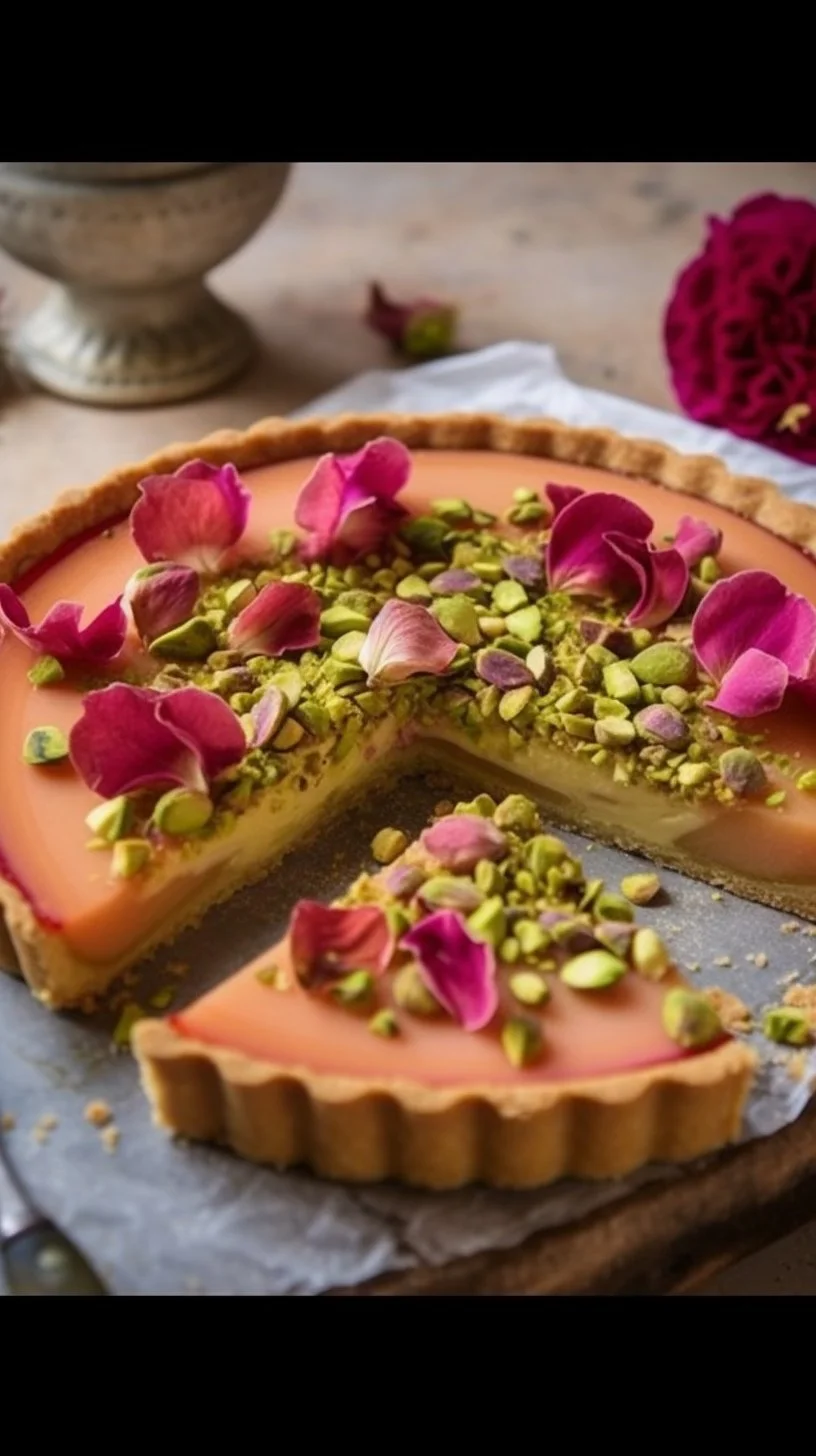 Pistachio and Rose Tart dessert with decorative toppings and vibrant colors