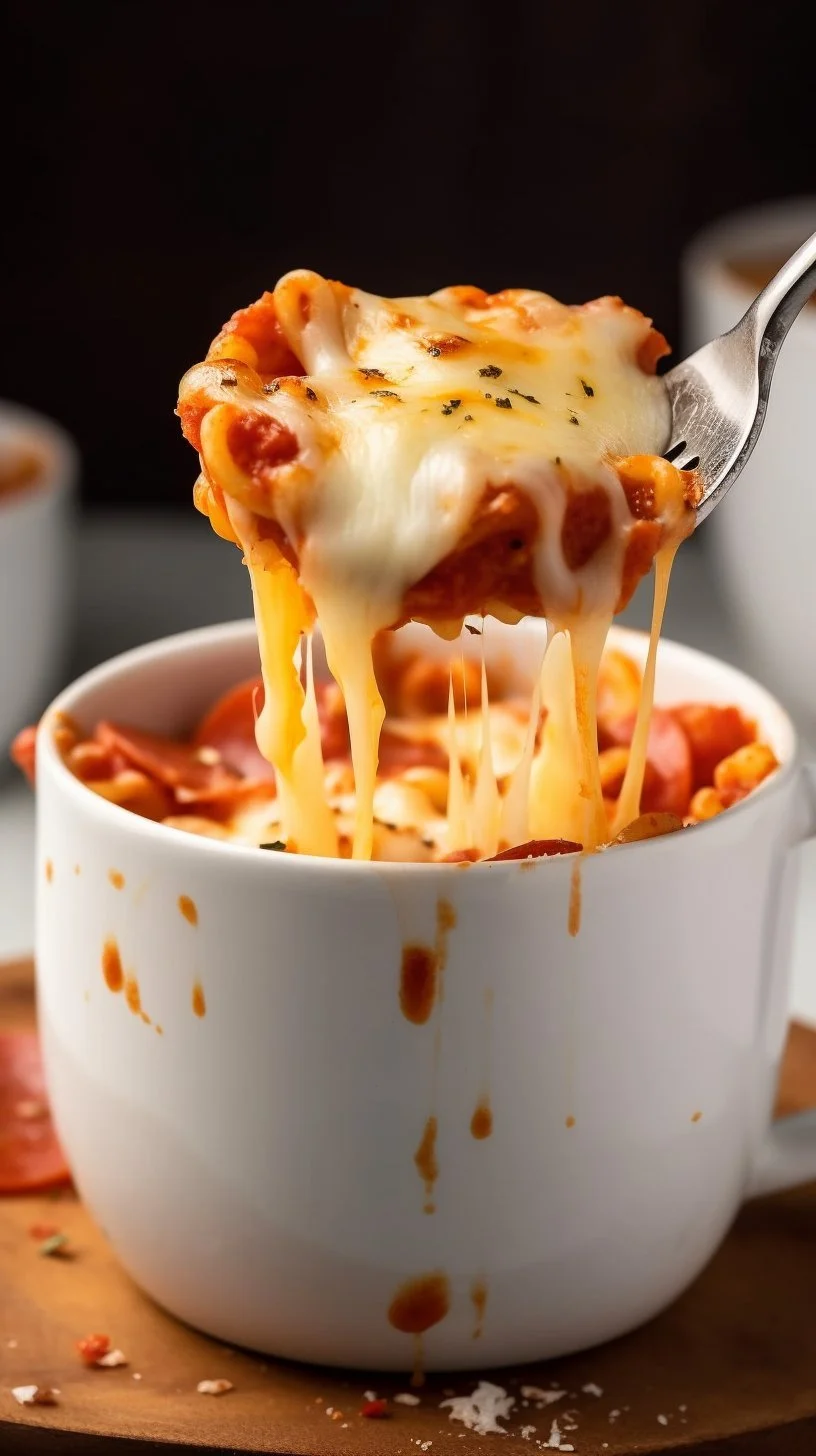 A mug filled with homemade pizza, showcasing layers of cheese, toppings, and sauce.