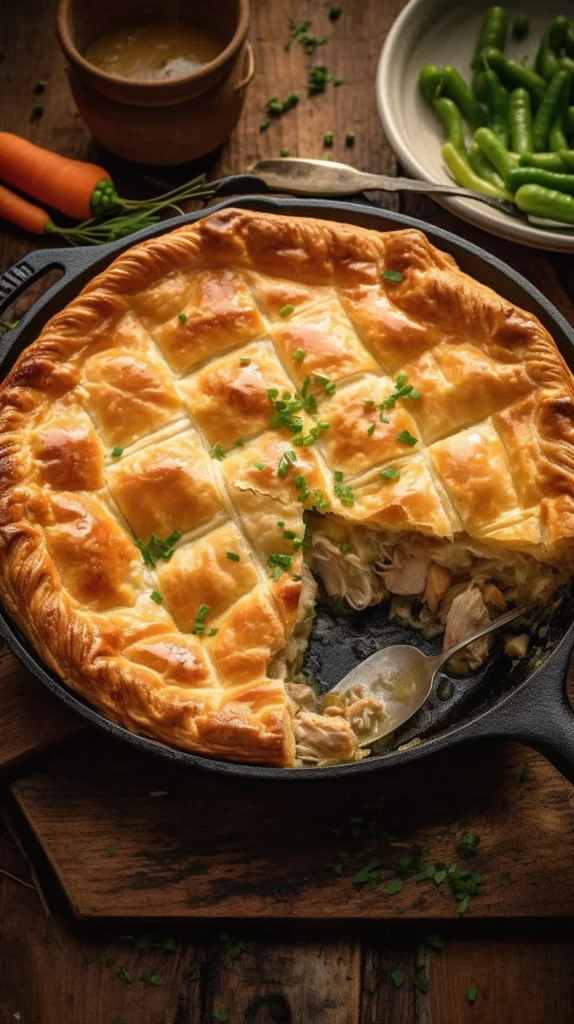 Puff Pastry Chicken Pot Pie served in a white dish with vegetables and golden crust.