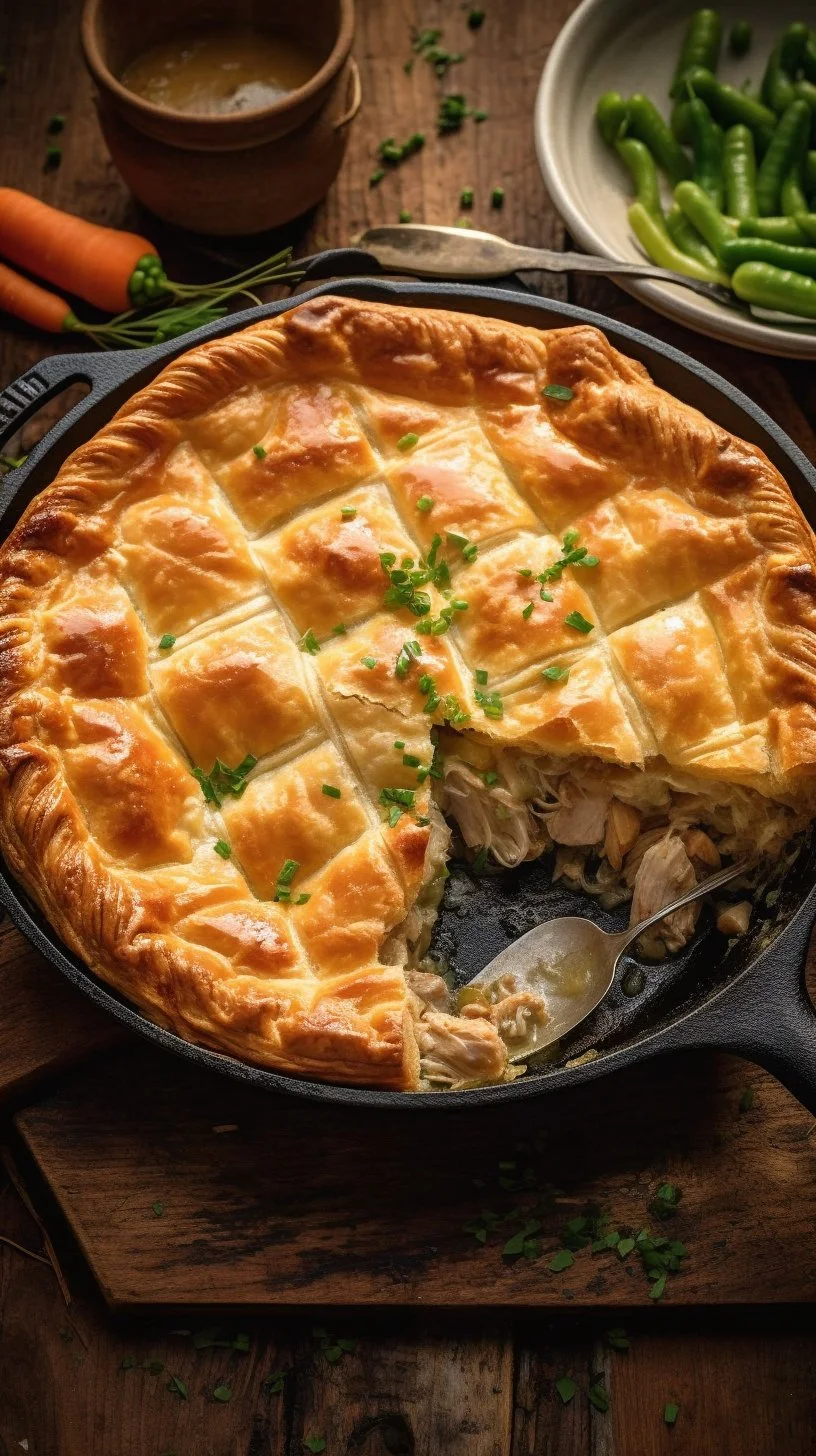Puff Pastry Chicken Pot Pie served in a white dish with vegetables and golden crust.