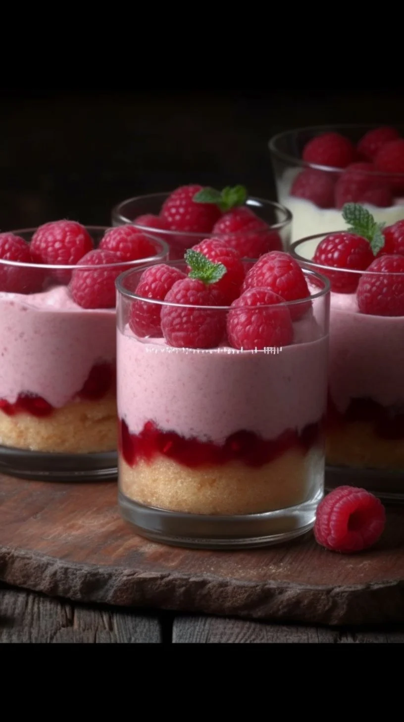 Raspberry Charlotte dessert served in a glass with fresh raspberries.