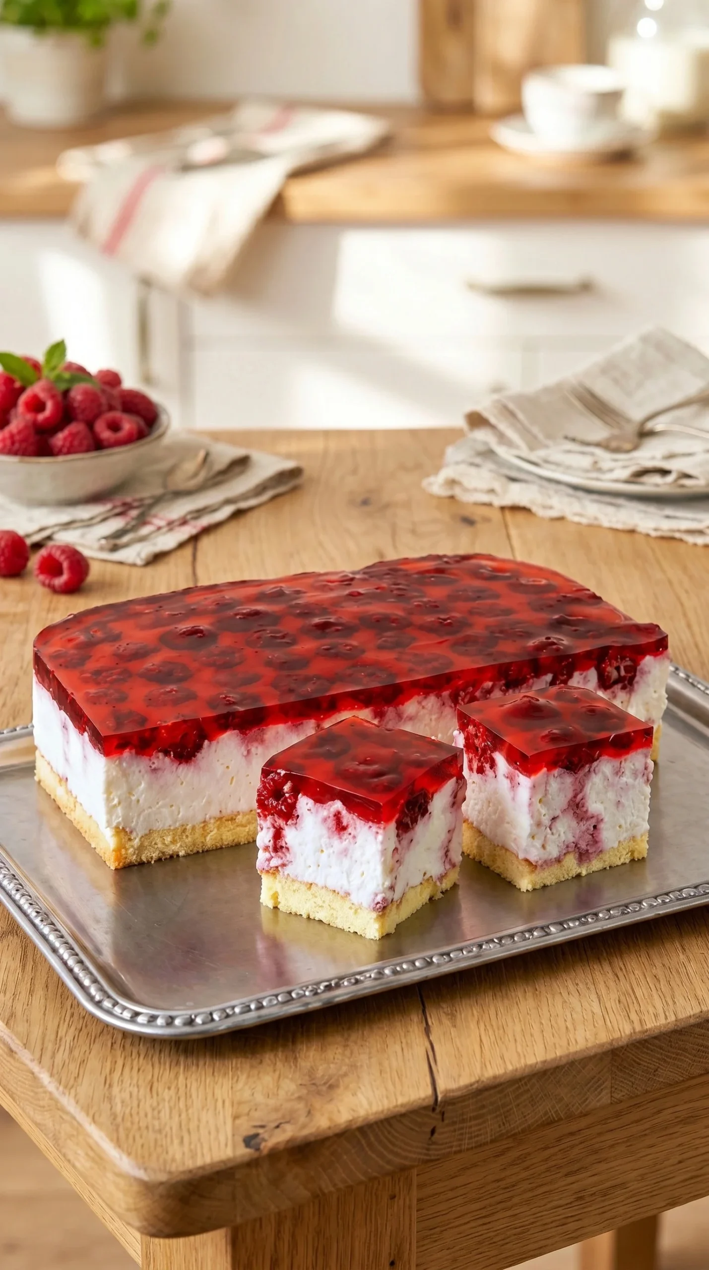 Delicious Raspberry Cream Rice Squares topped with fresh raspberries and cream