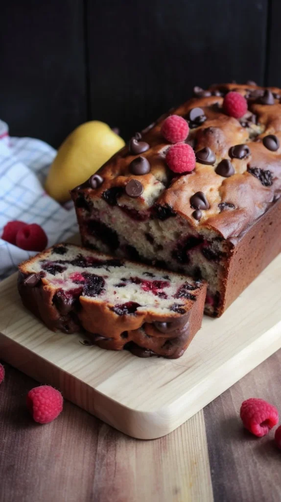 Raspberry Dark Chocolate Banana Bread freshly baked and ready to enjoy.