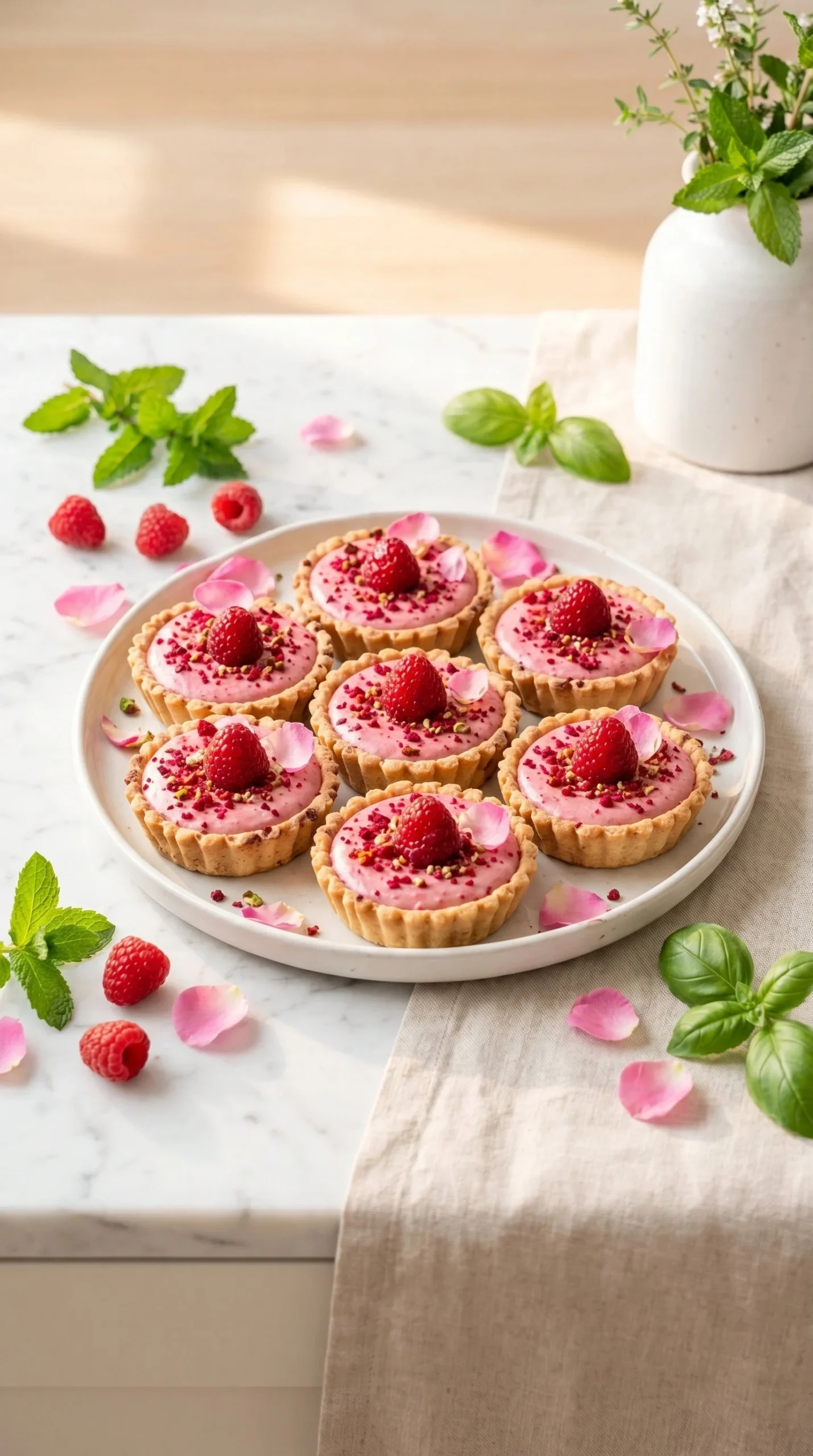 Elegant Raspberry Rose Tartlets garnished with fresh raspberries and rose petals.