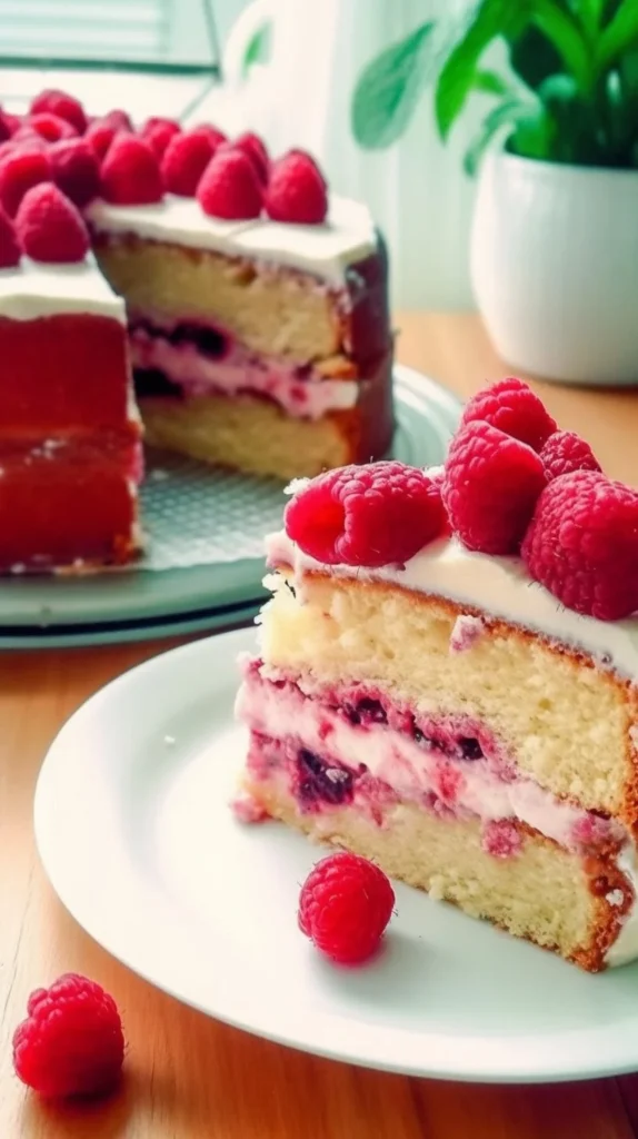 Delicious Raspberry Vanilla Cake topped with fresh raspberries and vanilla frosting