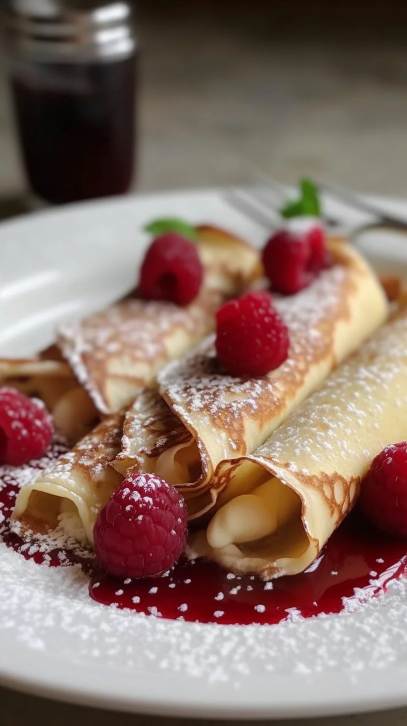 Delicious raspberry vanilla cream crepes topped with fresh raspberries and cream.