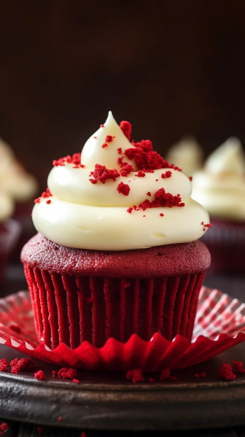 Delicious homemade red velvet cupcakes topped with cream cheese frosting