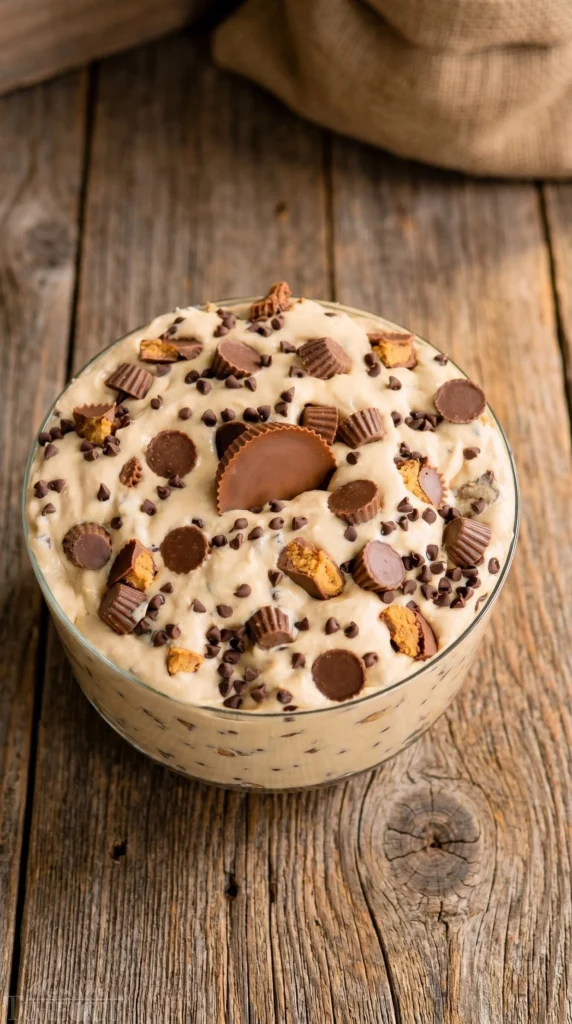 Delicious Reese's peanut butter fluff dessert served in a bowl with a spoon.