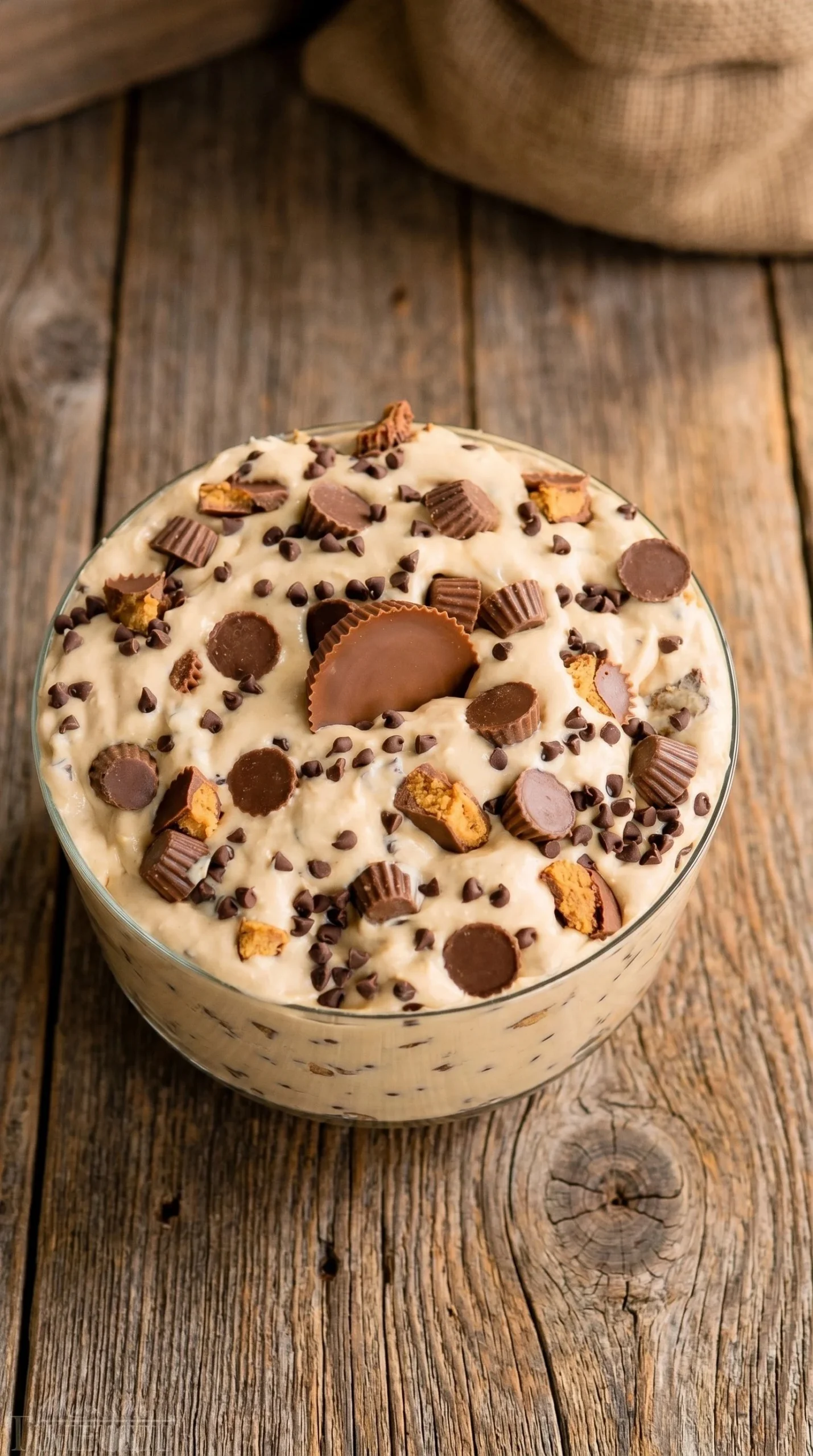 Delicious Reese's peanut butter fluff dessert served in a bowl with a spoon.