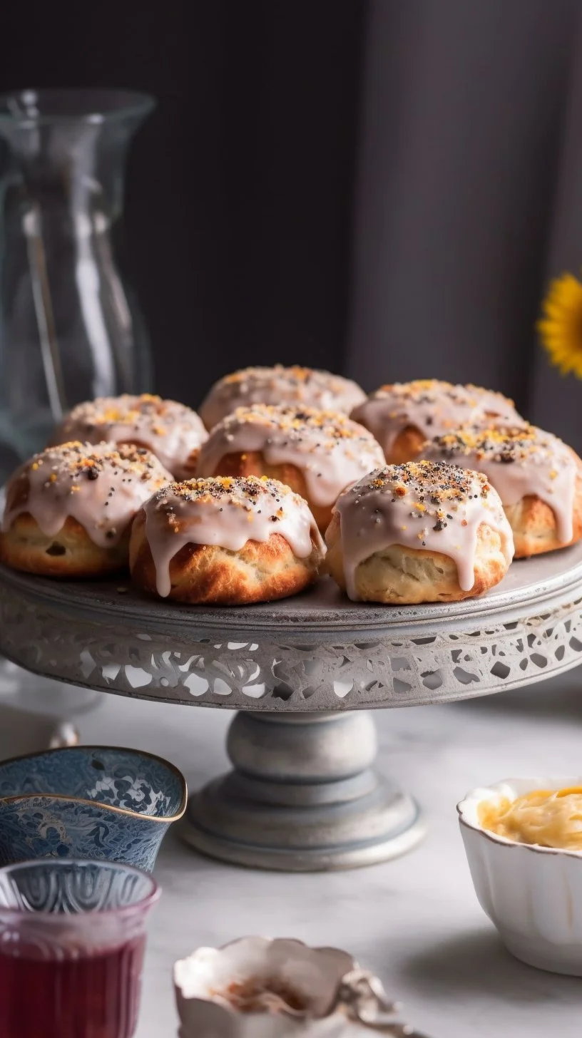 Freshly baked lemon poppy seed scones on a wooden tray
