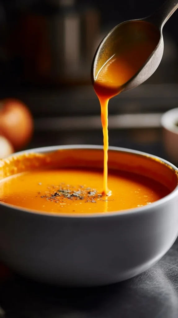 Bowl of roasted red pepper gouda soup garnished with herbs and served with bread.