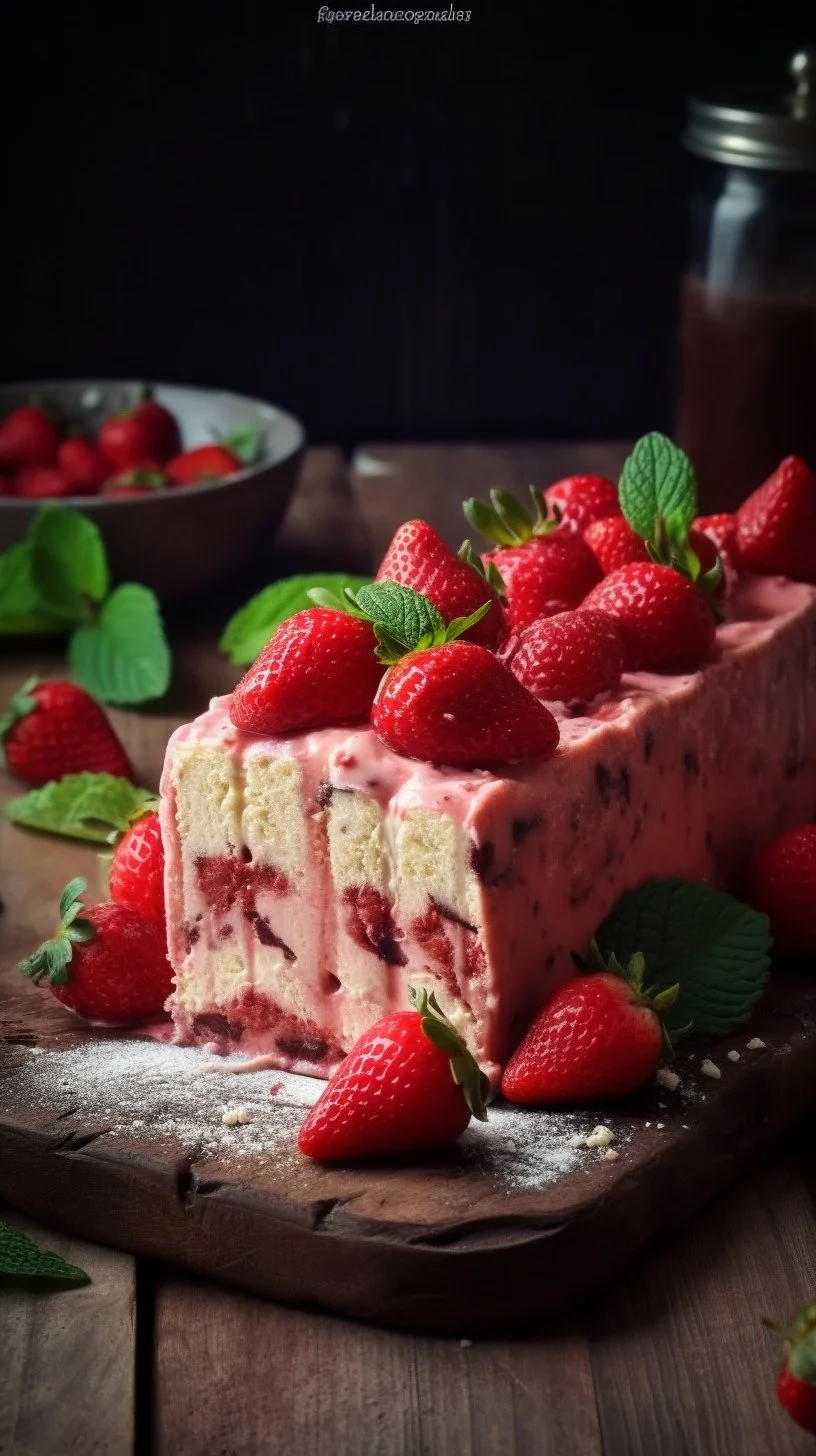 Delicious semifreddo dessert topped with fresh strawberries