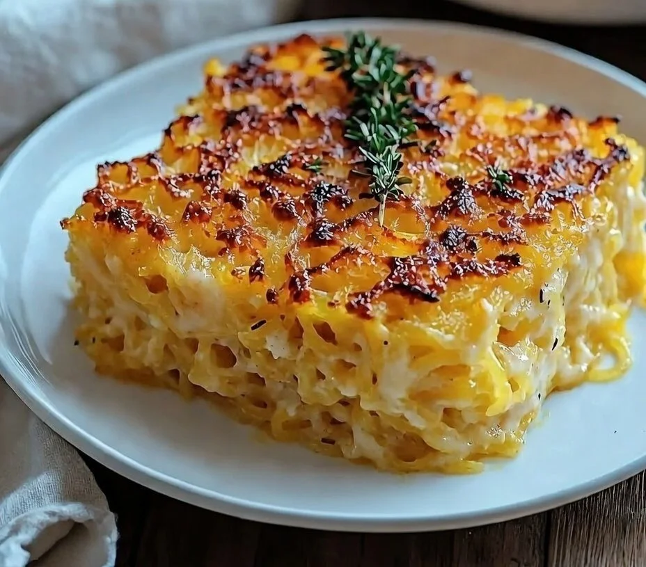 Baked Spaghetti Squash Gratin topped with cheese and herbs