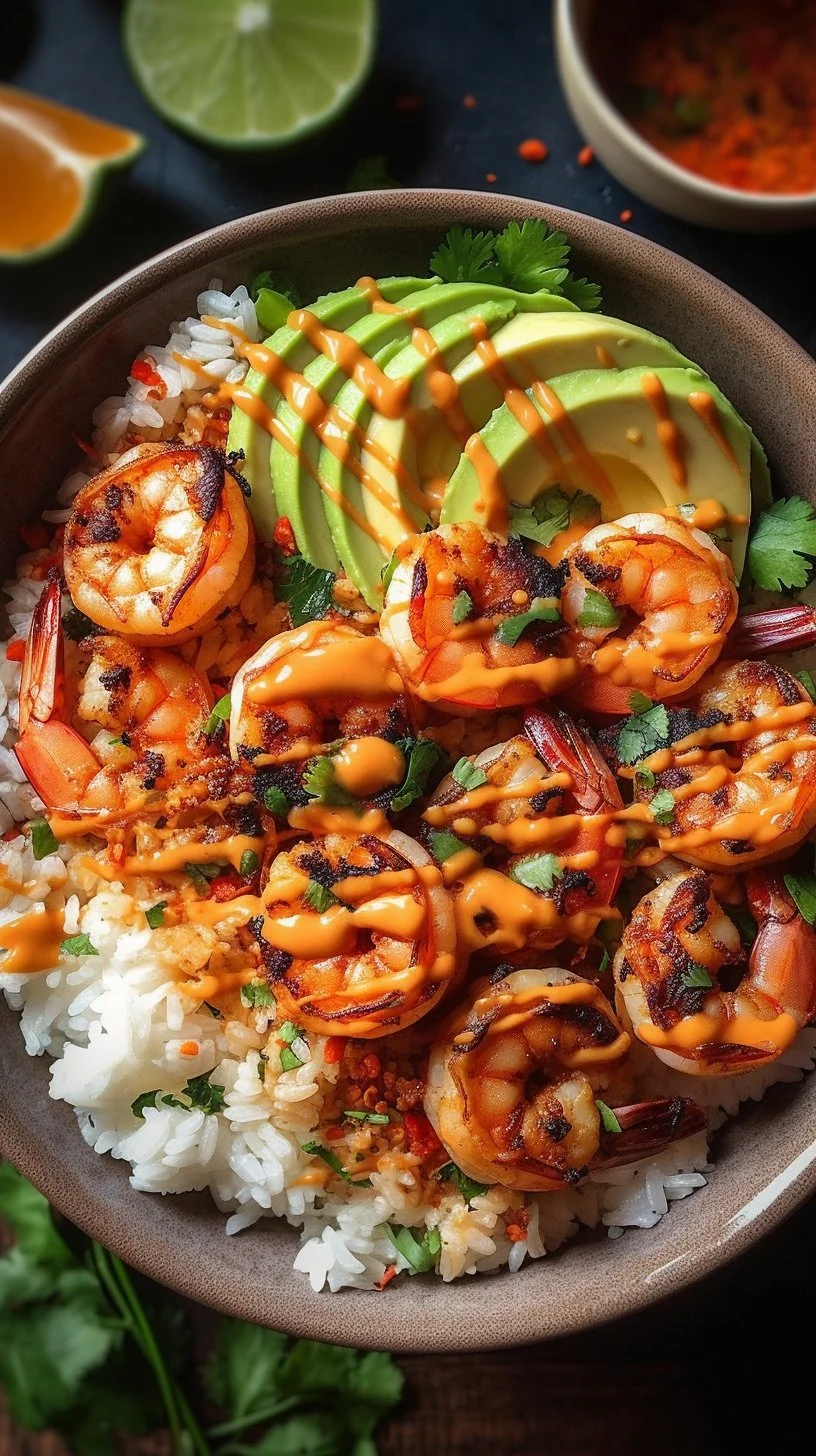 Delicious spicy shrimp rice bowl topped with fresh vegetables and herbs