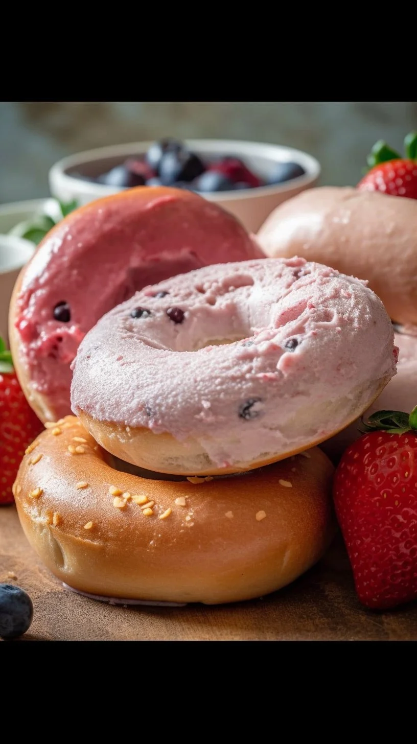 Freshly baked strawberry bagels with cream cheese on a rustic wooden table