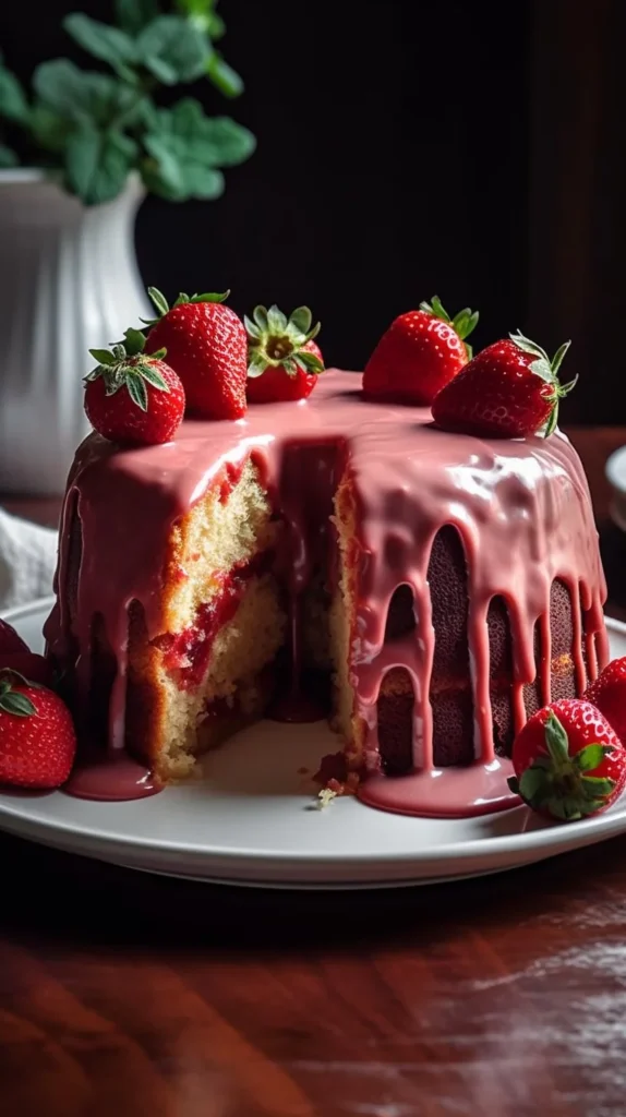 Freshly baked Strawberry Pound Cake topped with strawberries and whipped cream.