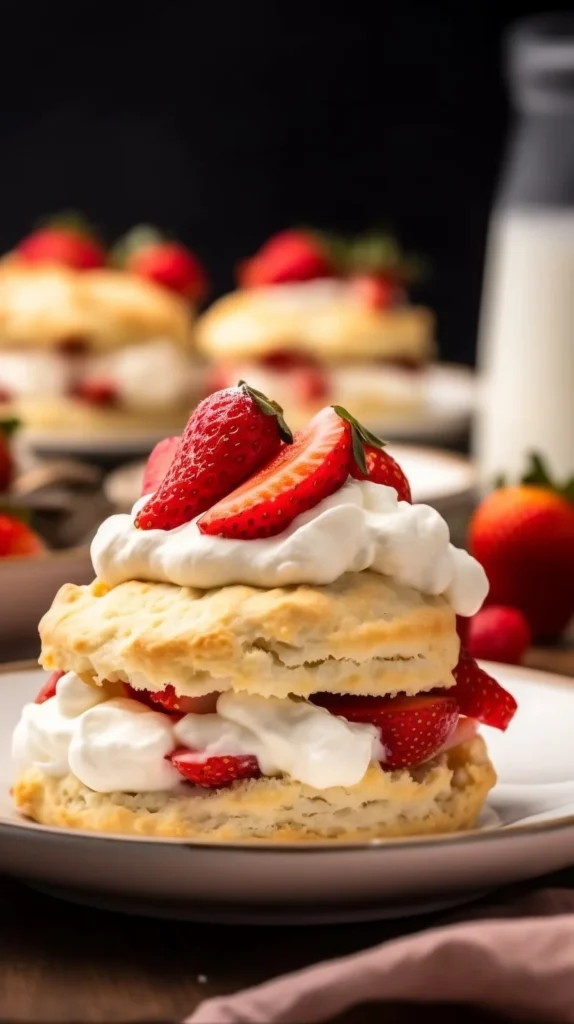 Delicious strawberry shortcakes topped with fresh strawberries and whipped cream