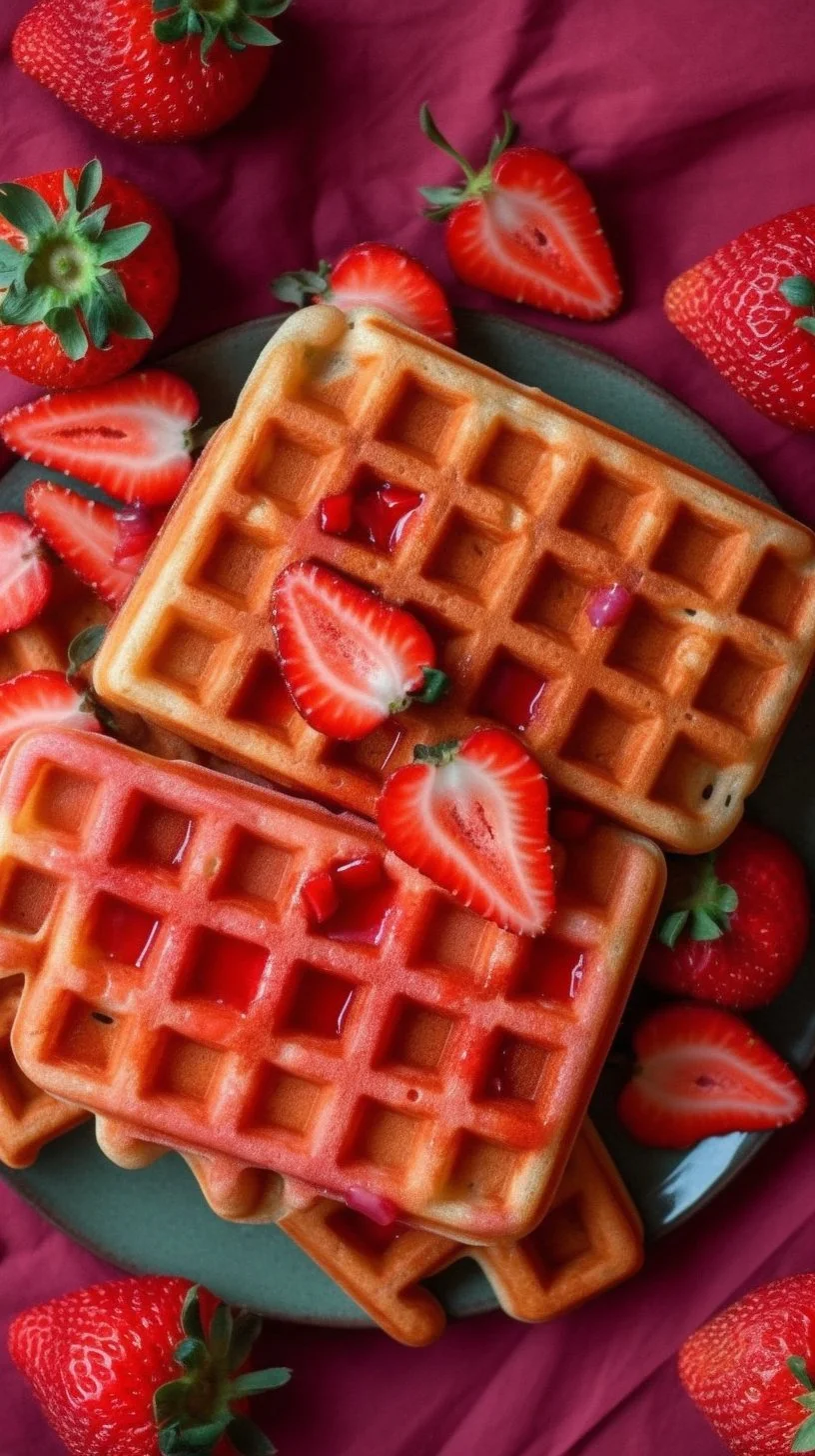 Delicious strawberry waffles served with fresh strawberries and syrup