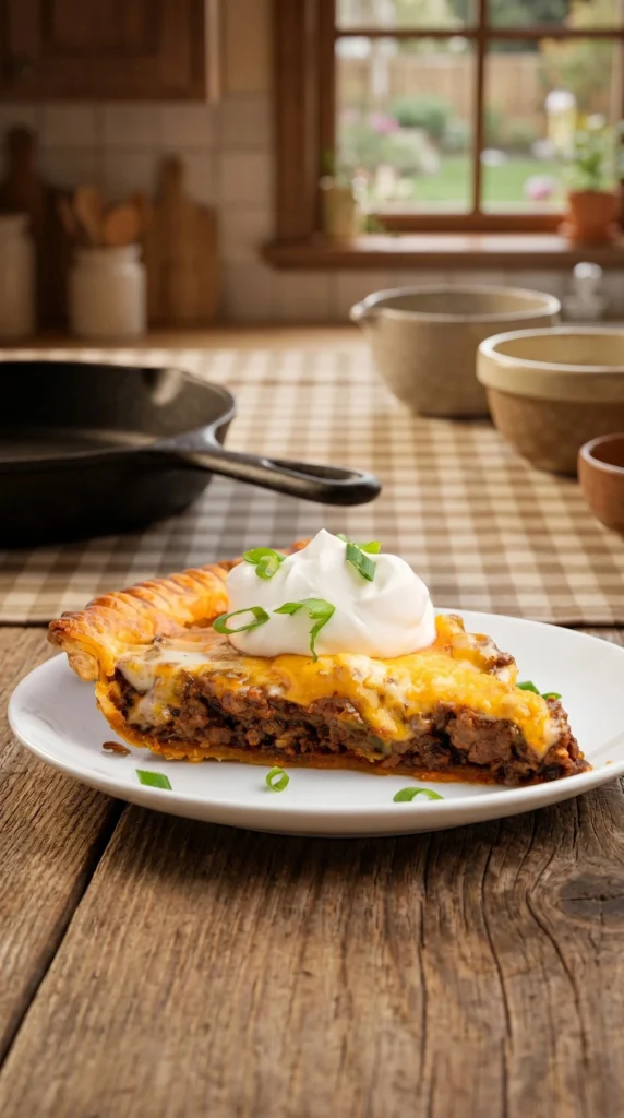 Delicious homemade Taco Pie recipe with layers of beef, cheese, and toppings