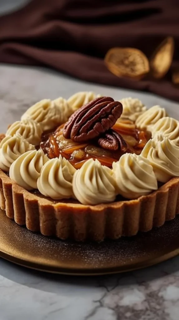 Pecan tartlet with praline cream garnish on a white plate.