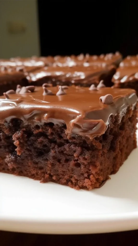 Delicious homemade Texas Sheet Cake topped with chocolate frosting and nuts.