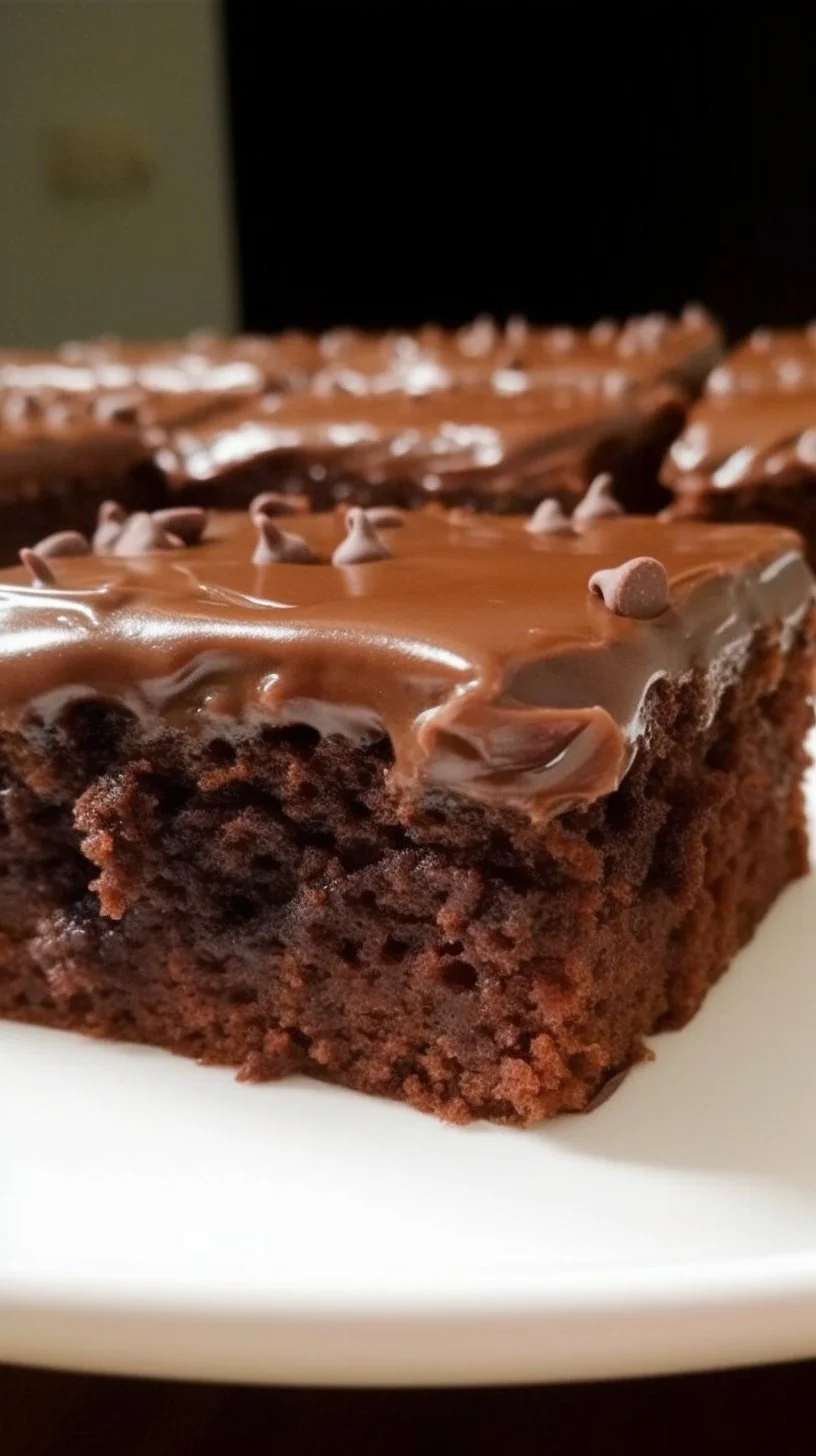 Delicious homemade Texas Sheet Cake topped with chocolate frosting and nuts.