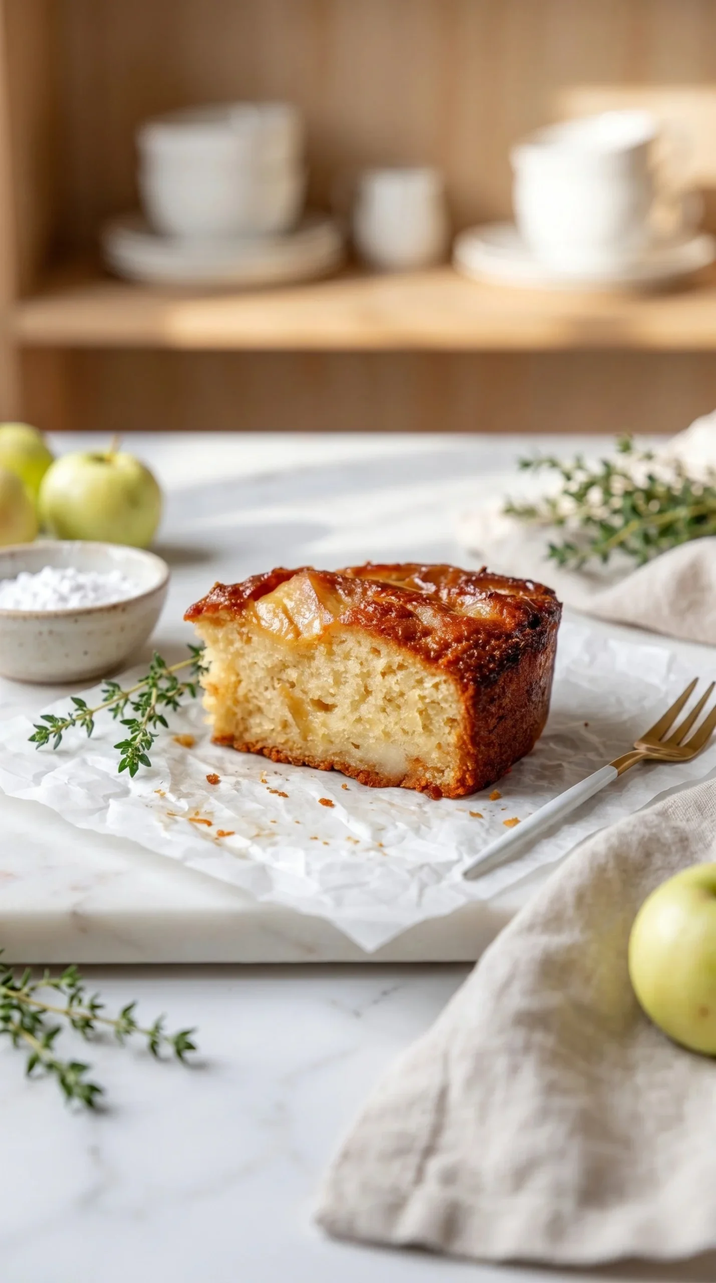 Slice of moist pear date yogurt cake on a plate with fresh pears