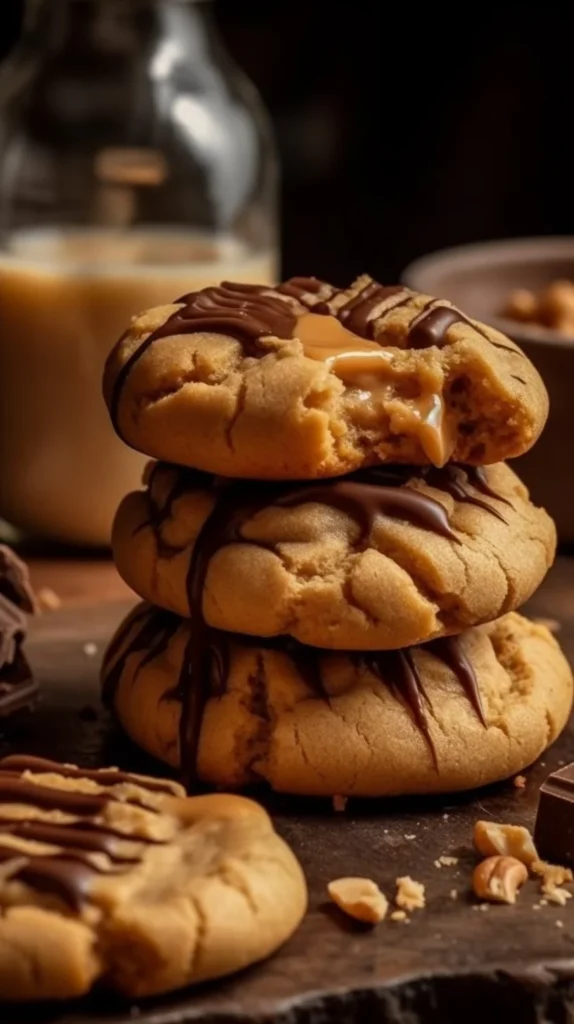 Delicious Triple Reese’s Peanut Butter Cookies topped with chocolate and peanut butter.