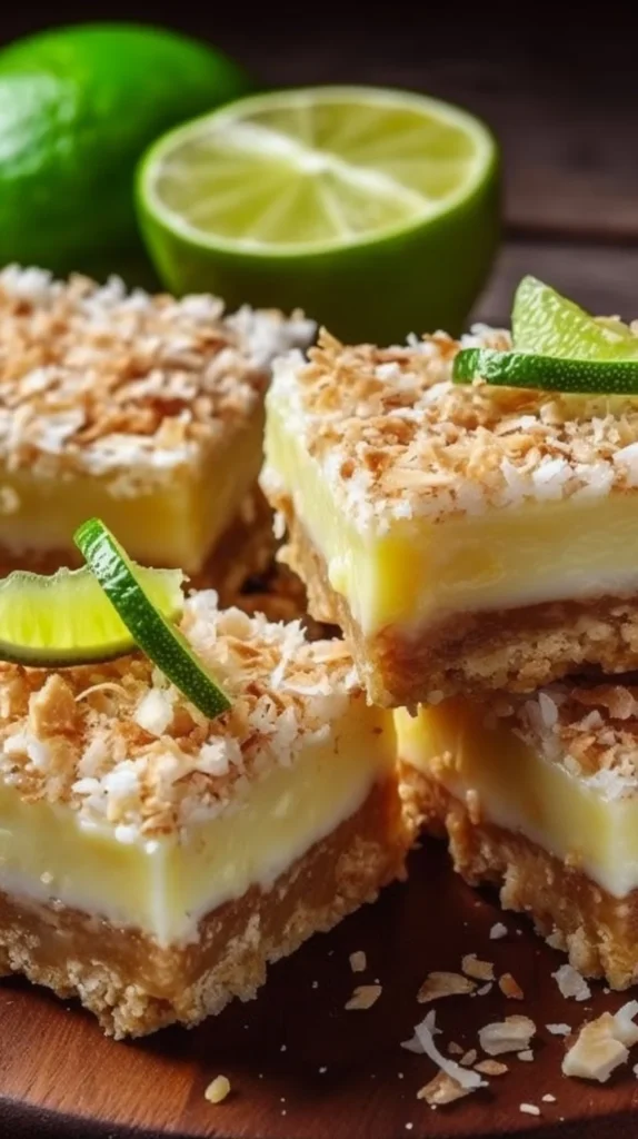 Freshly baked tropical coconut lime bars on a wooden table