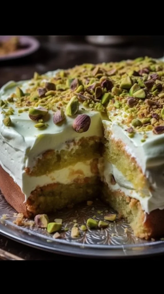 Tropical Pistachio Bliss Cake topped with fresh fruits and nuts