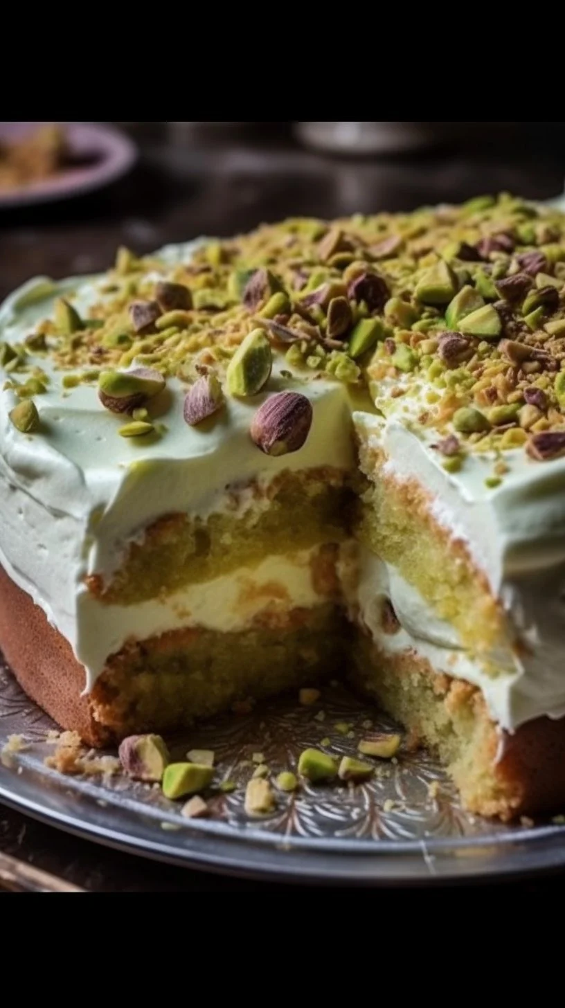 Tropical Pistachio Bliss Cake topped with fresh fruits and nuts