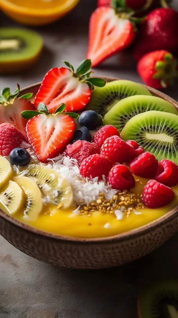 Tropical smoothie bowl topped with fresh fruits and nuts served in a coconut bowl