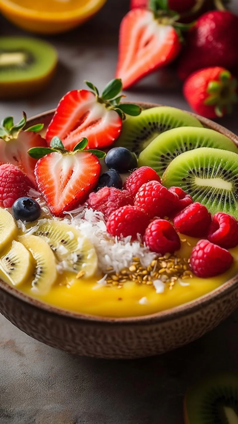 Tropical smoothie bowl topped with fresh fruits and nuts served in a coconut bowl