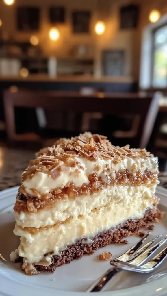 White German chocolate cake with a creamy cheesecake center and chocolate frosting