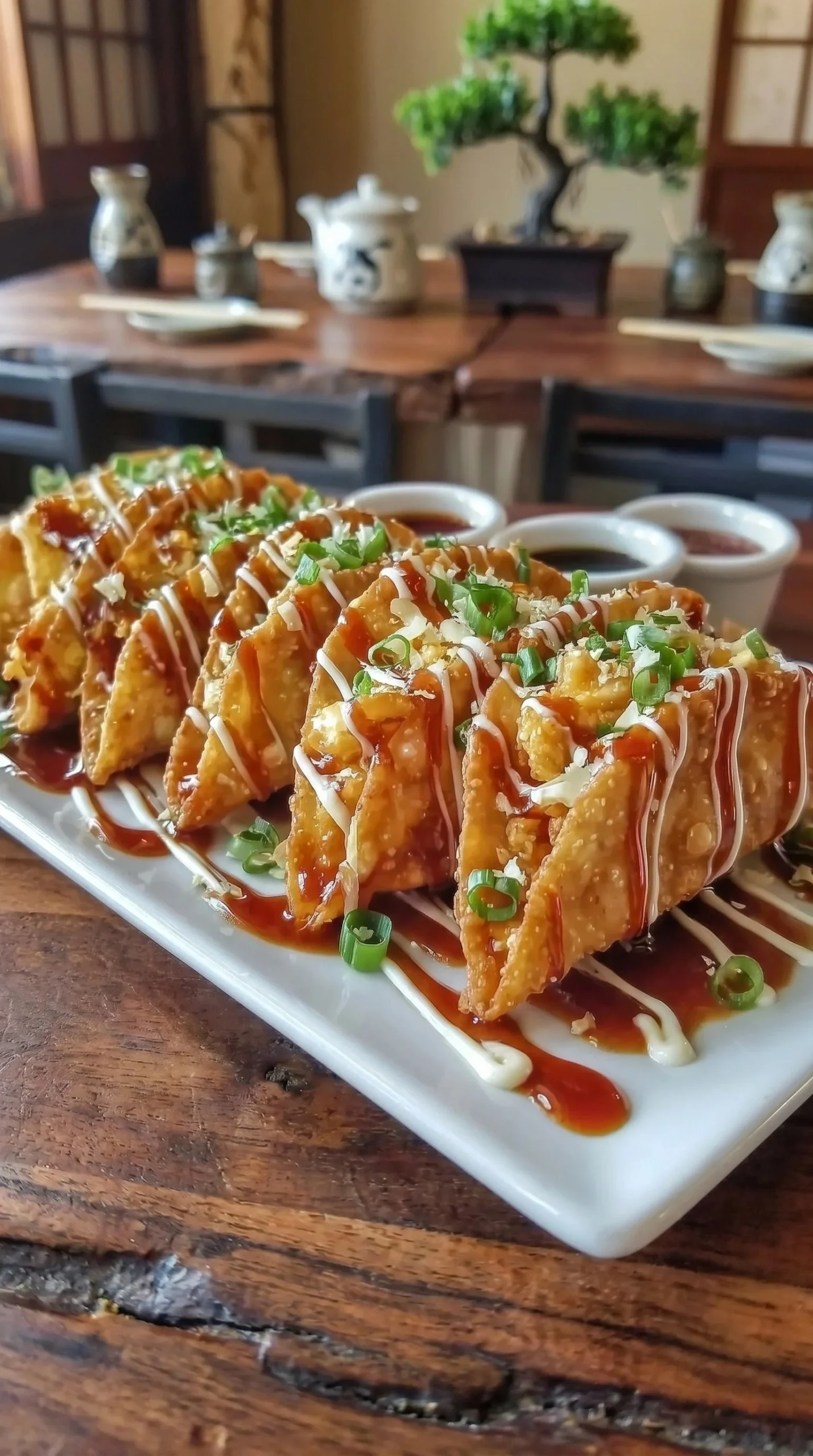 Delicious Chicken Wonton Tacos from Applebee's served with dipping sauce