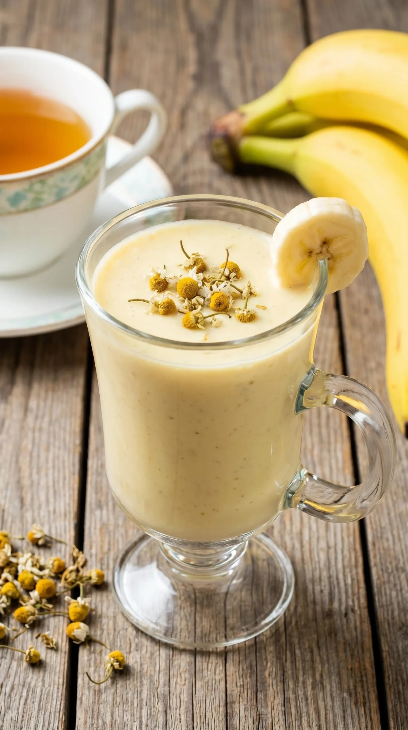 Banana Chamomile Tea smoothie with fresh ingredients in a glass