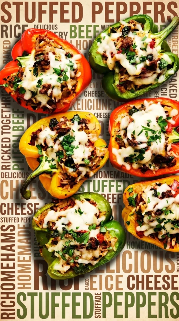 Colorful stuffed peppers filled with rice, vegetables, and spices on a plate