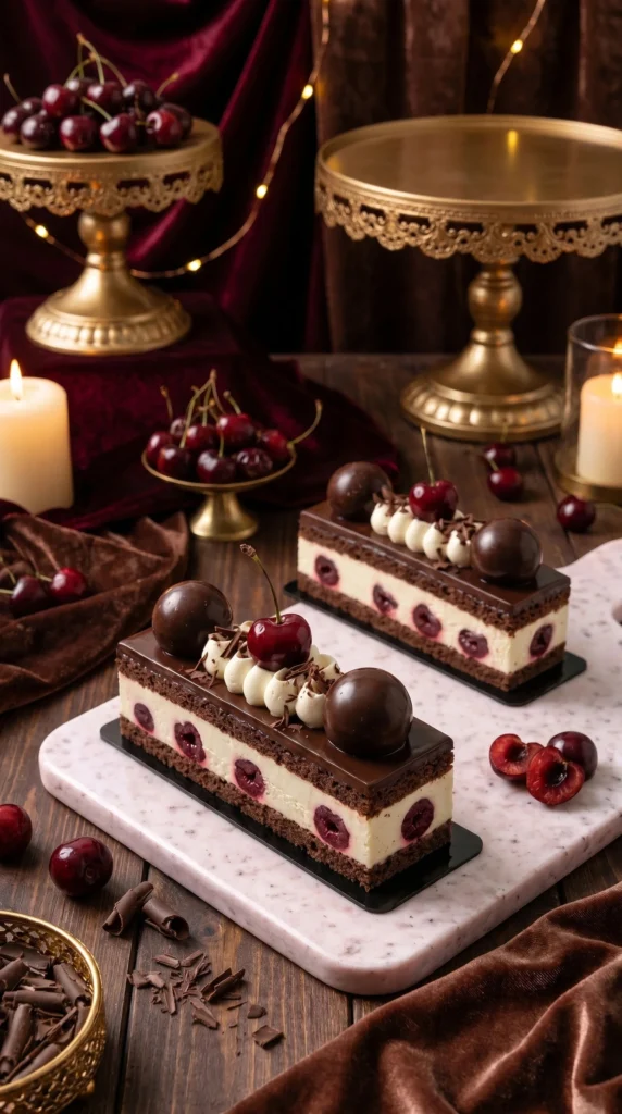 Delicious Black Forest layered dessert with chocolate, cherries, and cream
