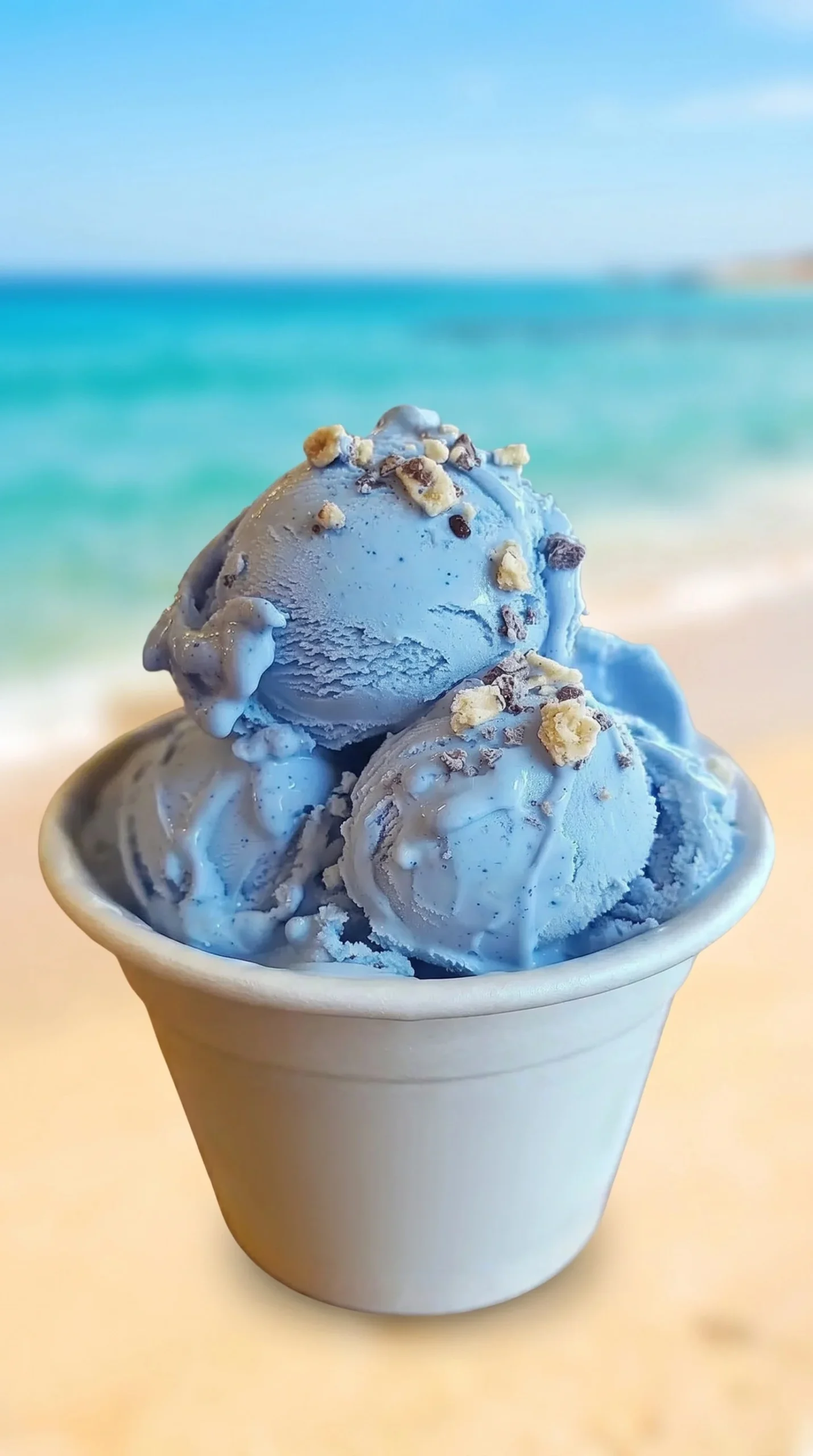 A scoop of Blue Moon ice cream in a cone on a sunny day.