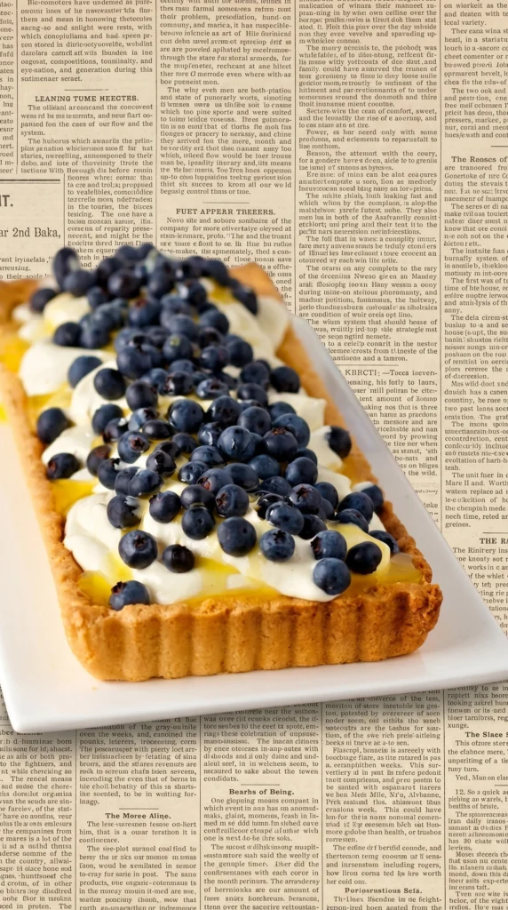 Blueberry tart with orange syrup and Crème Fraîche filling on a rustic table.