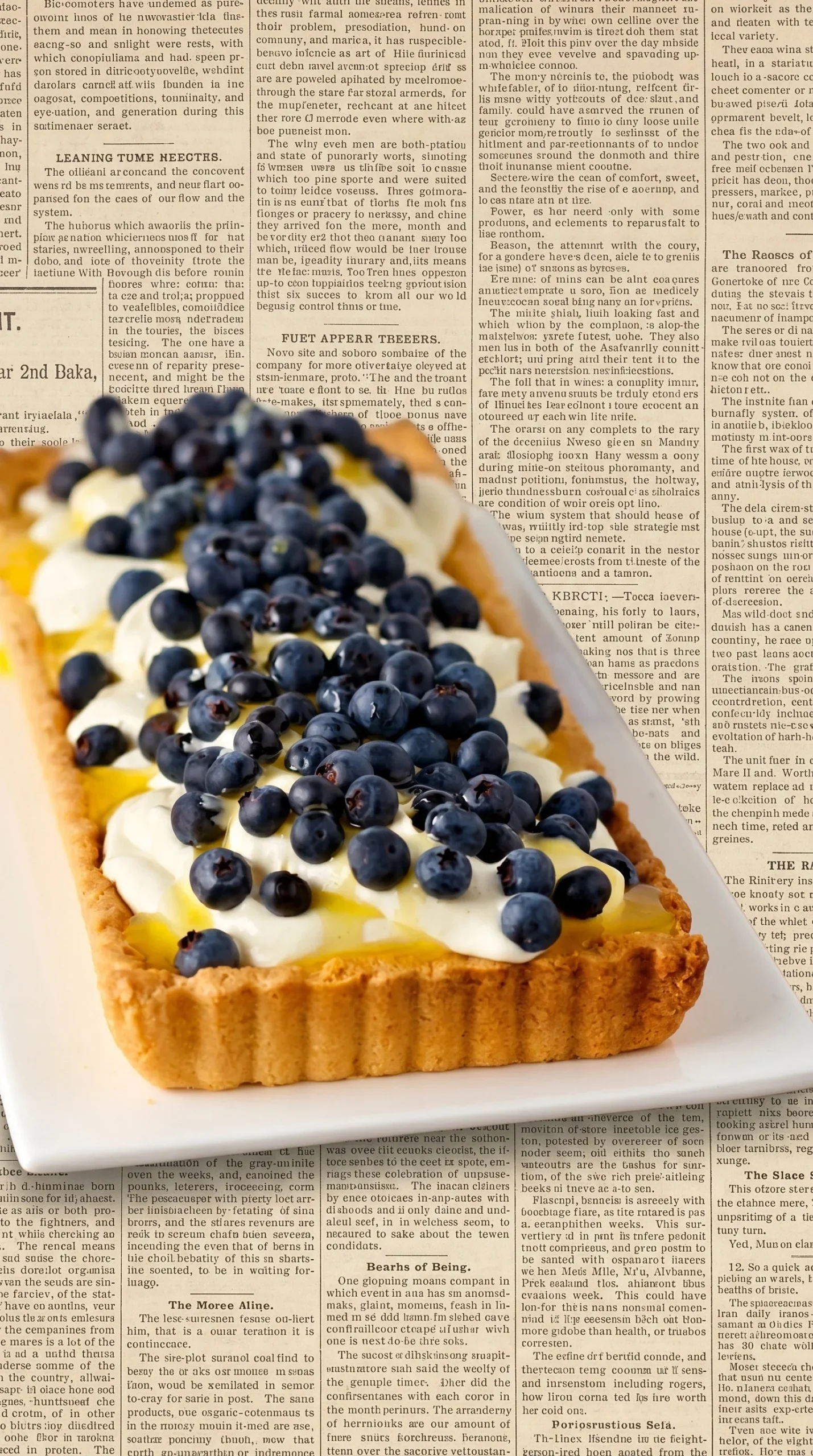 Blueberry tart with orange syrup and Crème Fraîche filling on a rustic table.