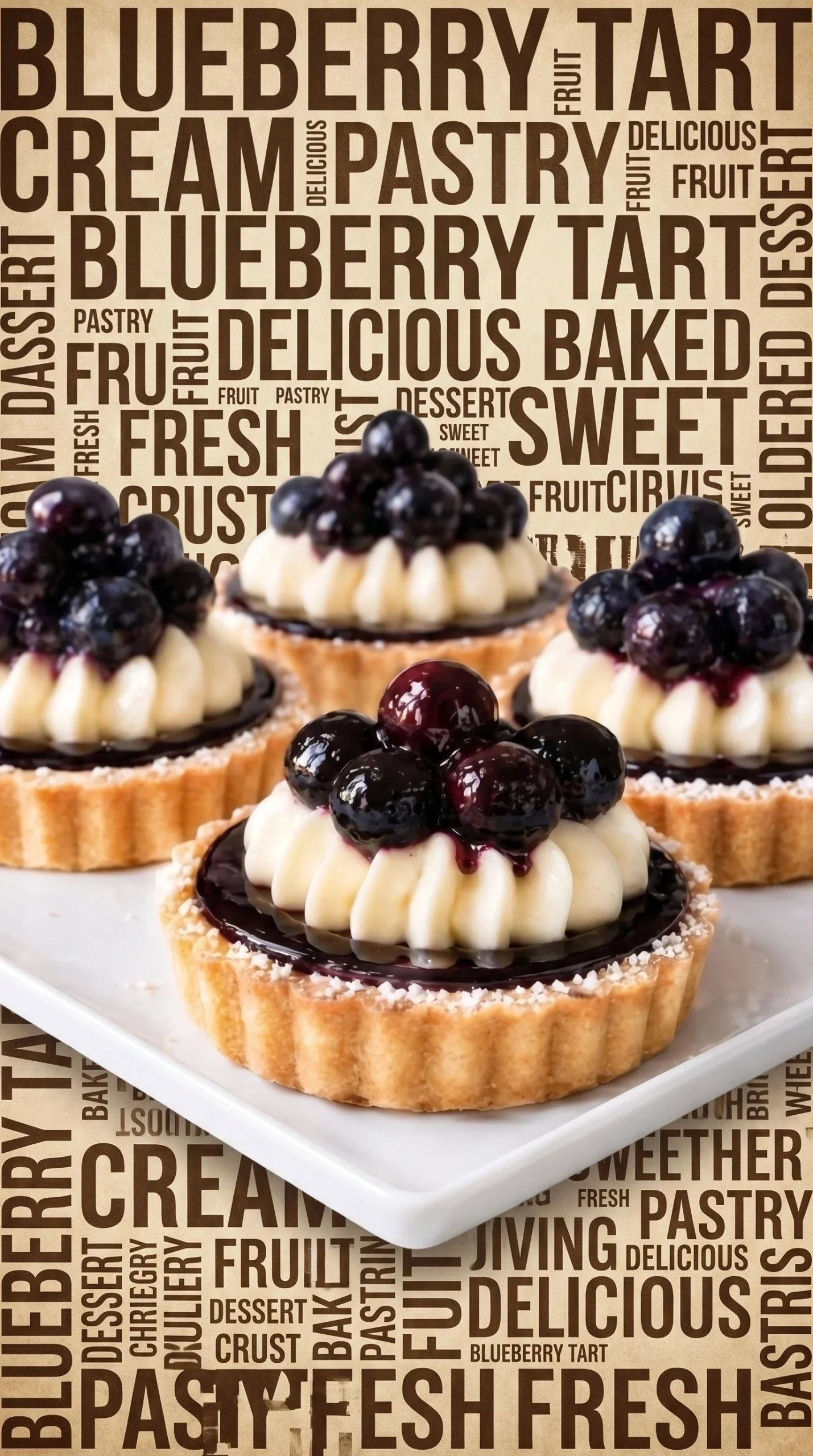 Blueberry tartlets topped with creamy cheese frosting on a white plate
