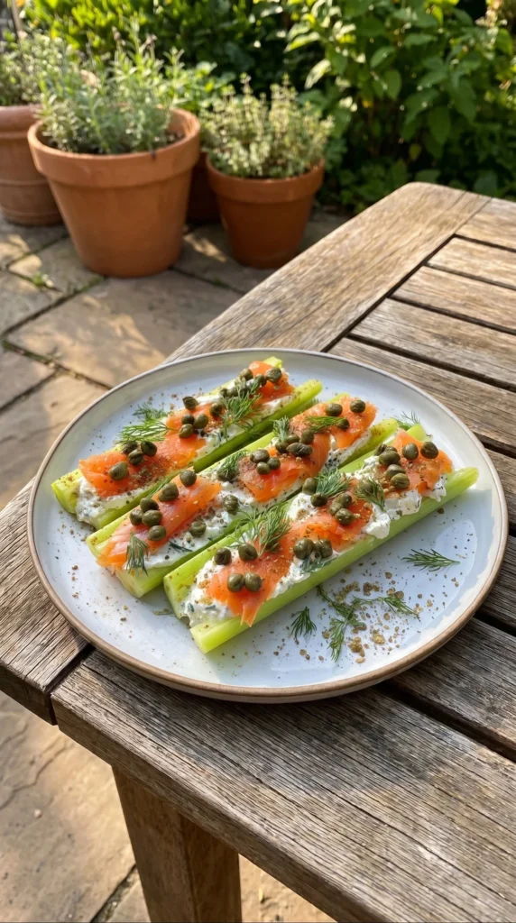 Celery lox boats filled with savory lox and fresh toppings for a healthy snack.